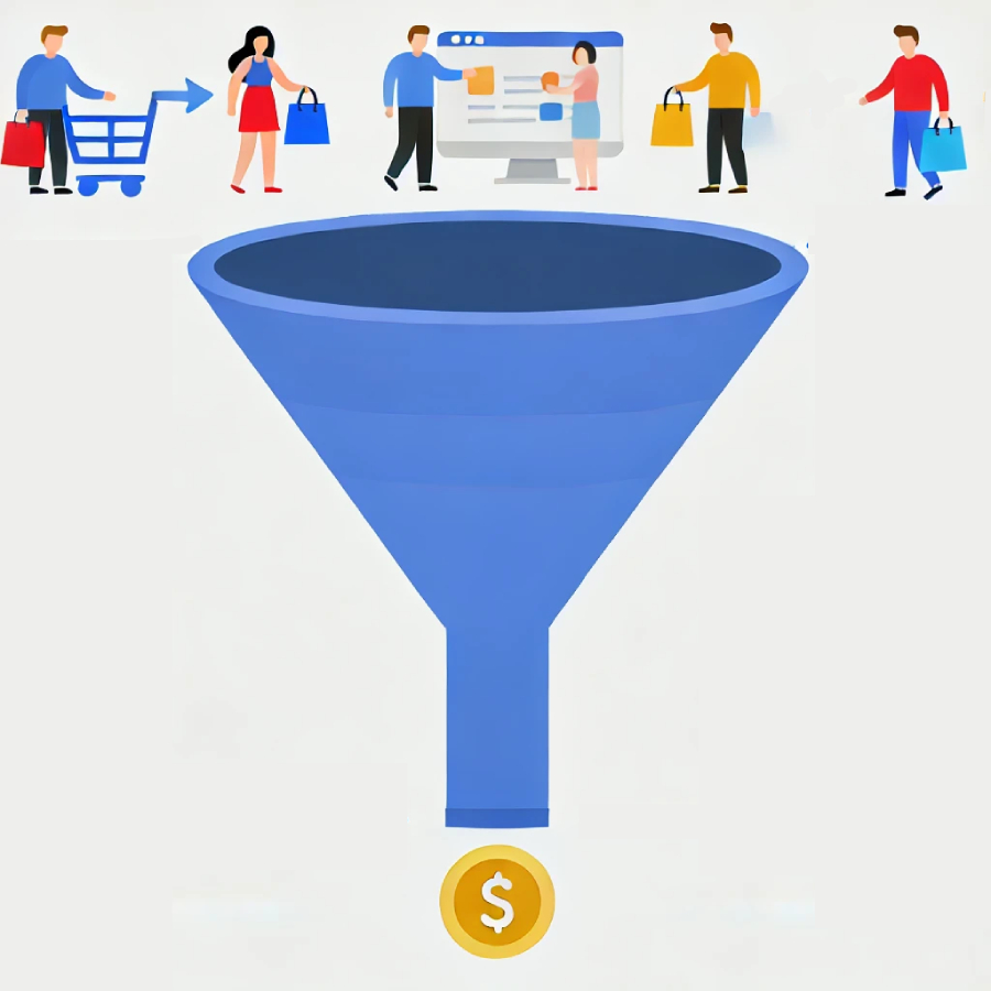 DALL·E 2024 10 30 23.35.40 Illustration in flat design on a white background illustrating the concept of conversion rate in e commerce. At the top of a funnel several diverse c Agence SEO Wordpress